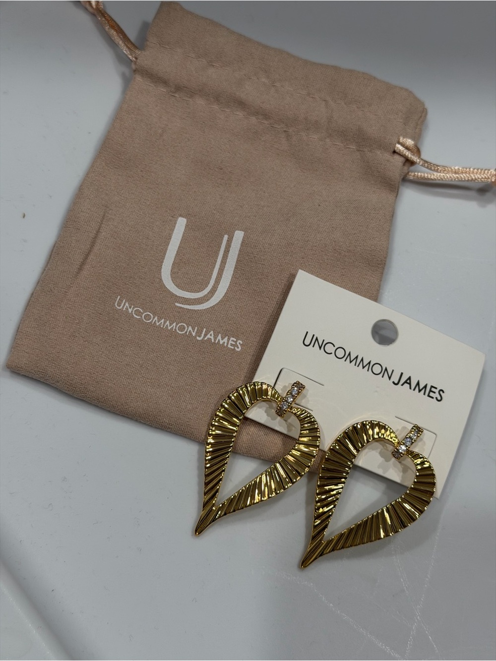 Uncommon James Gold Textured Heart Drop Earrings - Picture 3 of 7